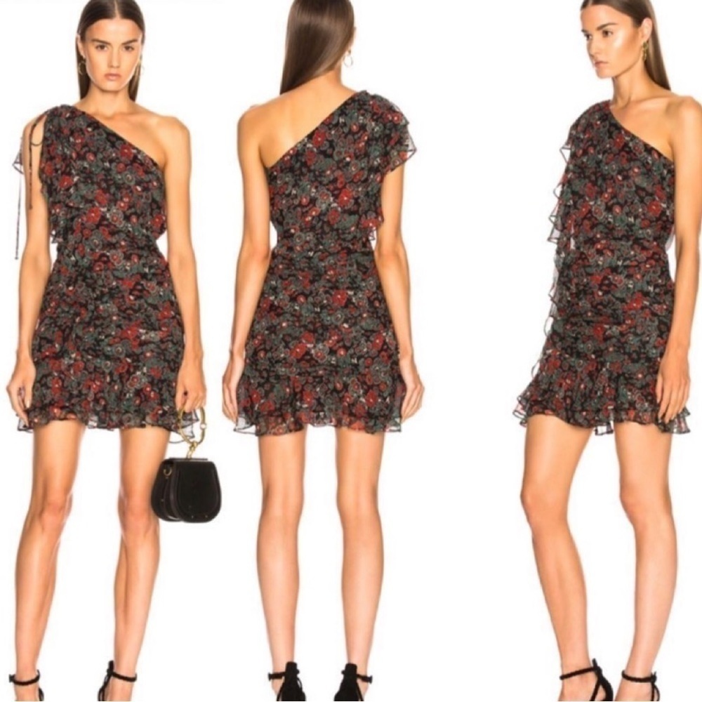 Veronica Beard One-Shoulder Floral Mini Dress in Black and Red